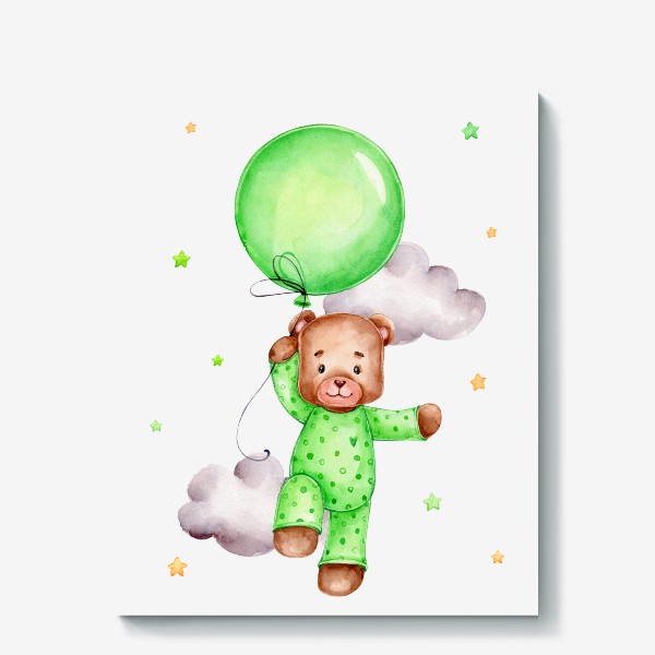 Холст «Мишка летит на зеленом воздушном шаре»