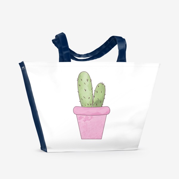Пляжная сумка «Зеленый кактус в розовом горшке, акварельный принт. »