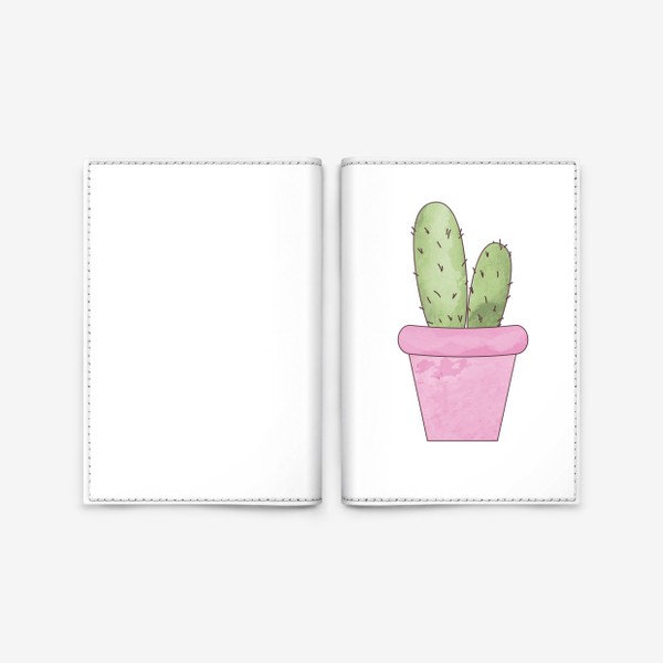 Обложка для паспорта «Зеленый кактус в розовом горшке, акварельный принт. »