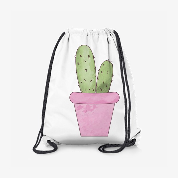 Рюкзак «Зеленый кактус в розовом горшке, акварельный принт. »