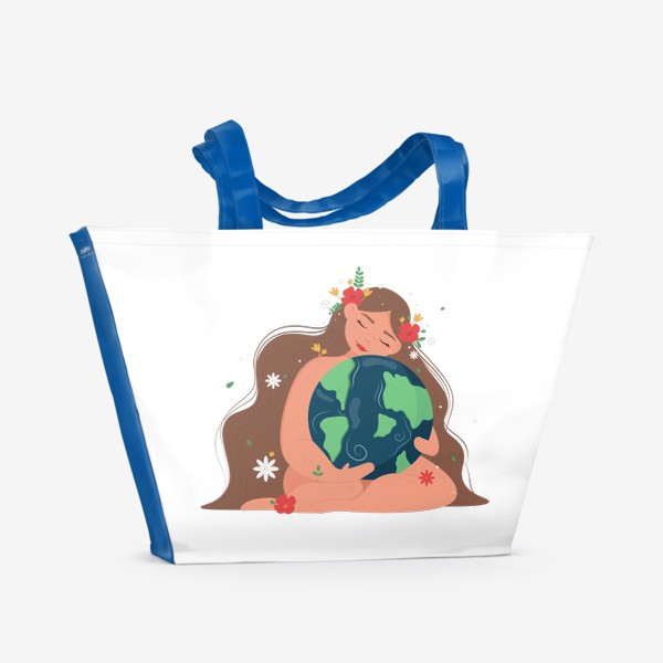 Пляжная сумка «Девушка обнимает планету Земля.»
