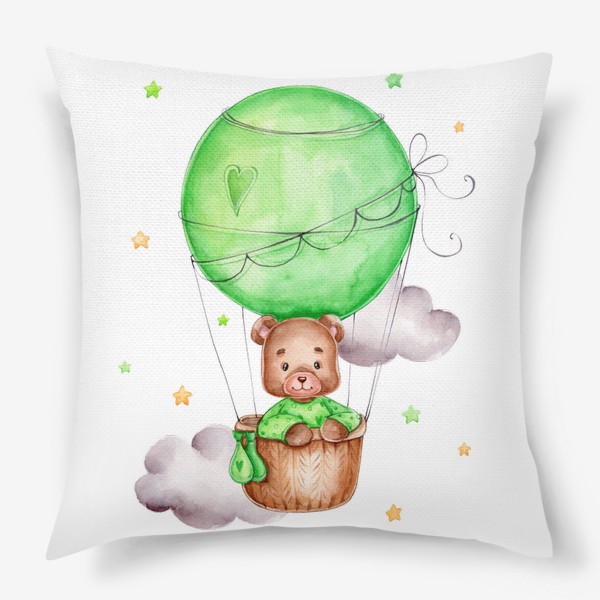 Подушка «Мишка летит в зеленом воздушном шаре»