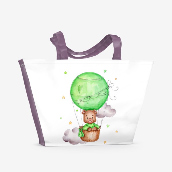 Пляжная сумка «Мишка летит в зеленом воздушном шаре»