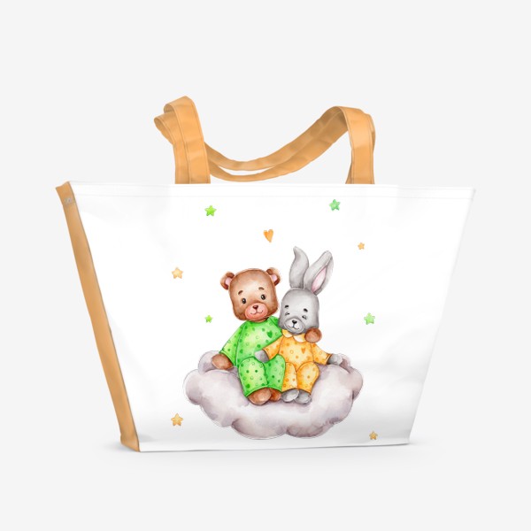 Пляжная сумка «Друзья мишка и зайка сидят на облаке»