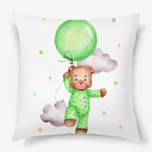 Подушка «Мишка летит на зеленом воздушном шаре»