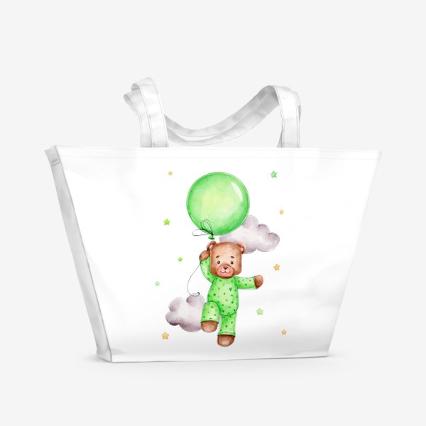 Пляжная сумка «Мишка летит на зеленом воздушном шаре»