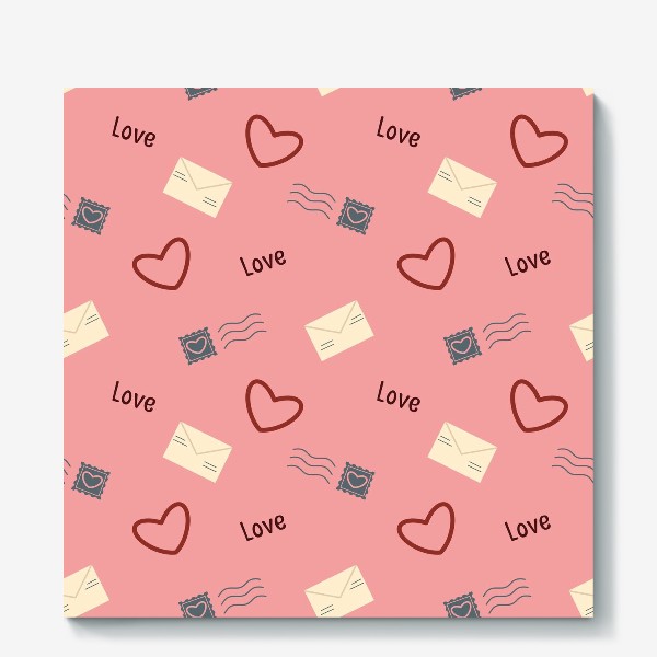 Холст «Сердца и письма Валентинки конверты и сердечки почтовые штампы на розовом фоне»
