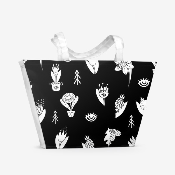 Пляжная сумка «Цветы белые на черном фоне»