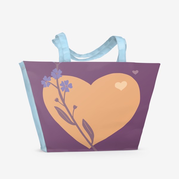Пляжная сумка «Сердце с незабудкой. Оранжевый на красно-фиолетовом фоне.»