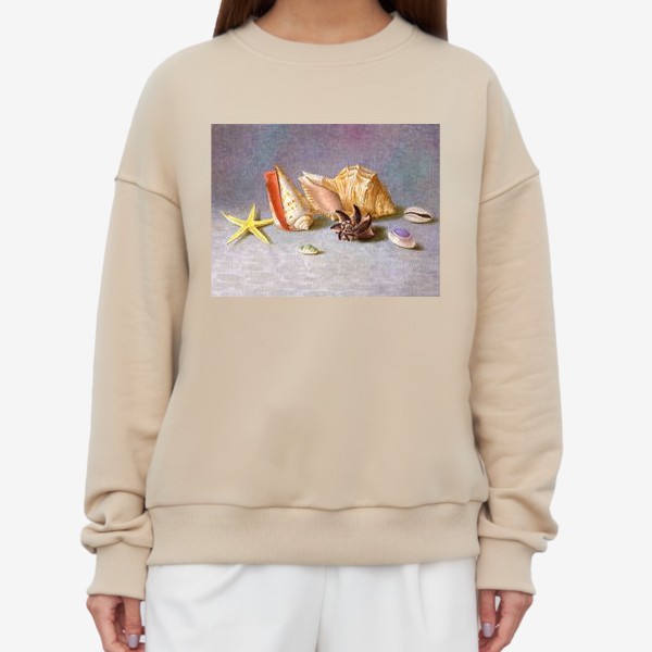 Свитшот «Натюрморт с ракушками. Ракушки акварелью. Дары моря. Живопись. Реализм.»