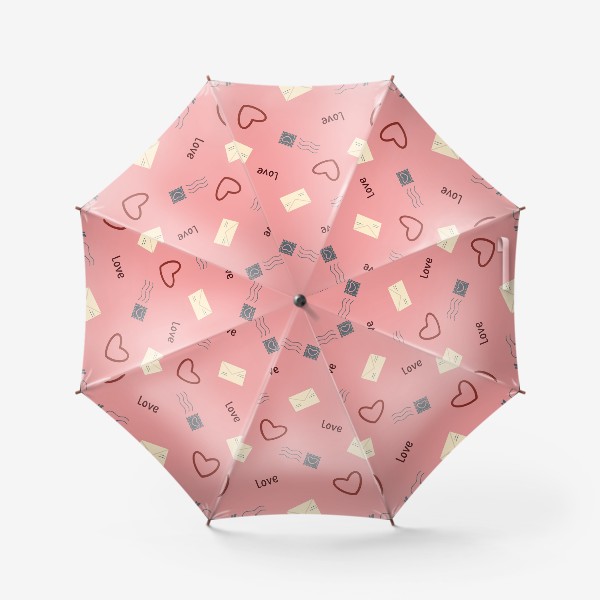 Зонт «Сердца и письма Валентинки конверты и сердечки почтовые штампы на розовом фоне»