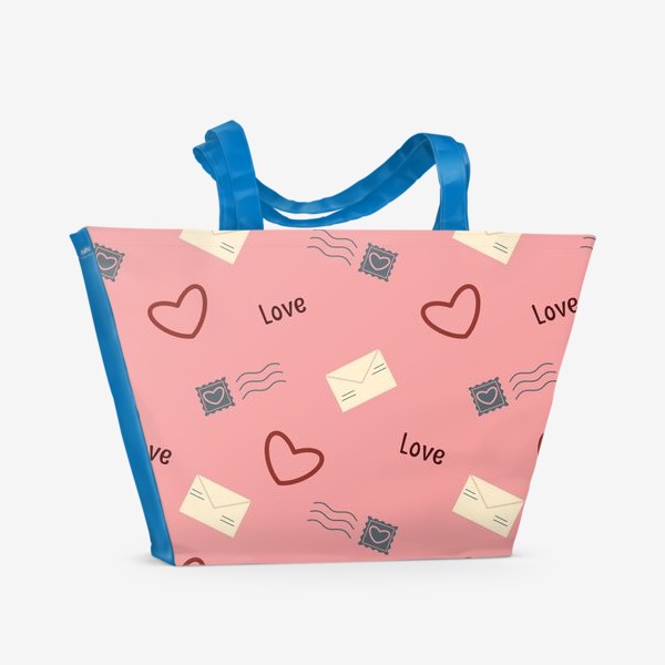Пляжная сумка «Сердца и письма Валентинки конверты и сердечки почтовые штампы на розовом фоне»