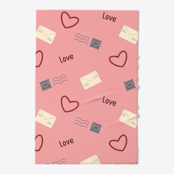 Полотенце «Сердца и письма Валентинки конверты и сердечки почтовые штампы на розовом фоне»