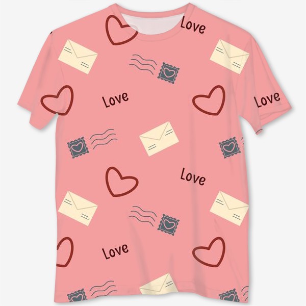 Футболка с полной запечаткой «Сердца и письма Валентинки конверты и сердечки почтовые штампы на розовом фоне»