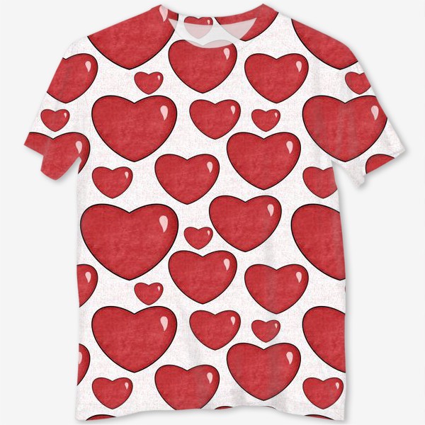 Футболка с полной запечаткой «Текстурные сердца на белом фоне Принт с сердцами Объёмные красные сердечки »