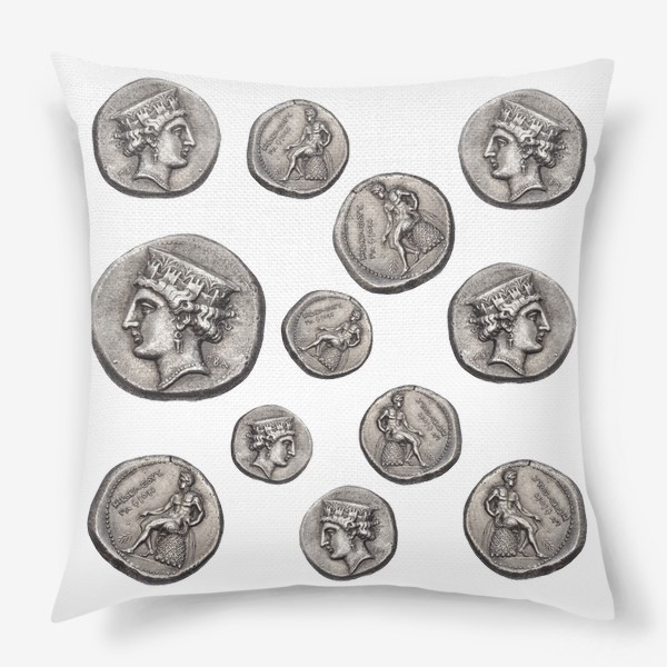 Подушка «Полина Рахманова, монеты, голова Афродиты и обнаженный Аполлон (прозрачный фон)»