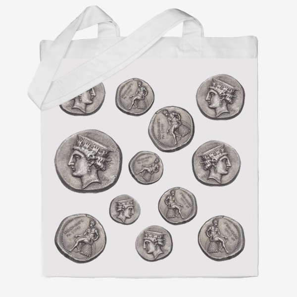 Сумка хб &laquo;Полина Рахманова, монеты, голова Афродиты и обнаженный Аполлон (прозрачный фон)&raquo;