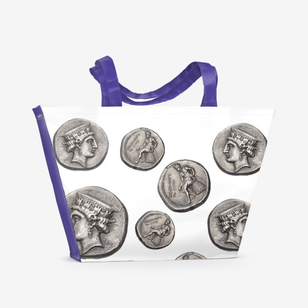 Пляжная сумка «Полина Рахманова, монеты, голова Афродиты и обнаженный Аполлон (прозрачный фон)»