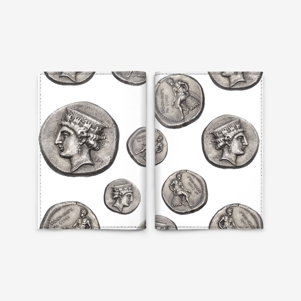 Обложка для паспорта «Полина Рахманова, монеты, голова Афродиты и обнаженный Аполлон (прозрачный фон)»