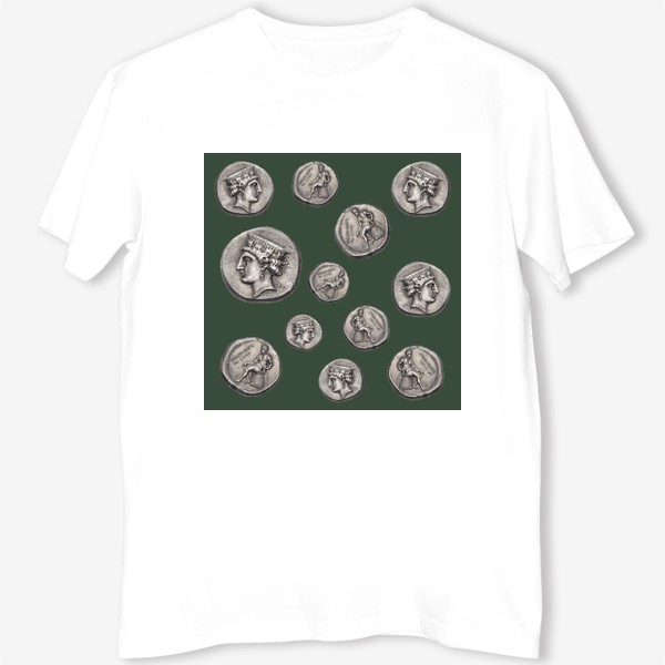 Футболка «Полина Рахманова, монеты, голова Афродиты и обнаженный Аполлон (оливковый)»