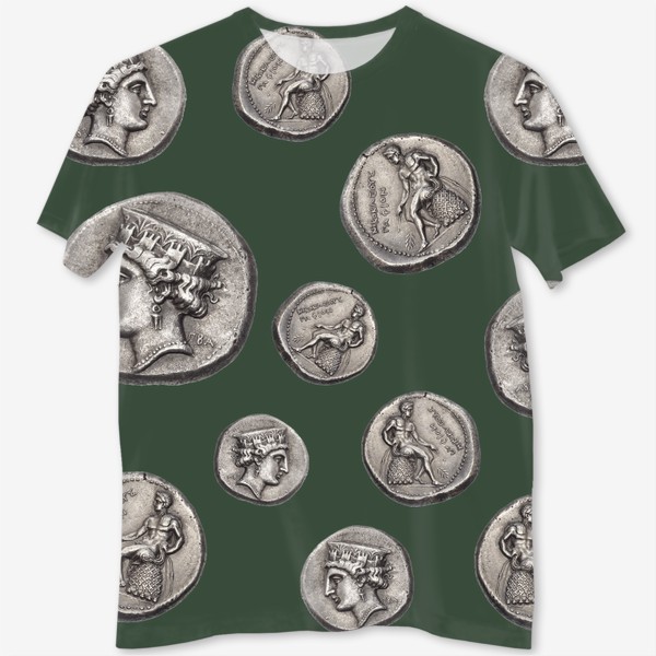 Футболка с полной запечаткой «Полина Рахманова, монеты, голова Афродиты и обнаженный Аполлон (оливковый)»