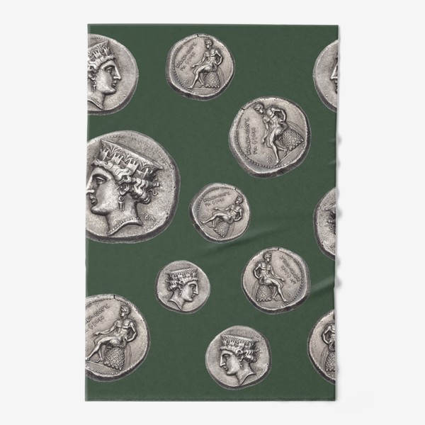Полотенце «Полина Рахманова, монеты, голова Афродиты и обнаженный Аполлон (оливковый)»