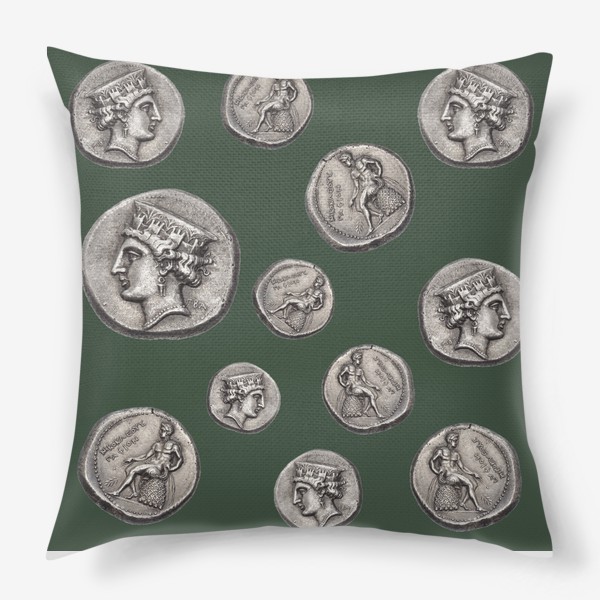 Подушка «Полина Рахманова, монеты, голова Афродиты и обнаженный Аполлон (оливковый)»