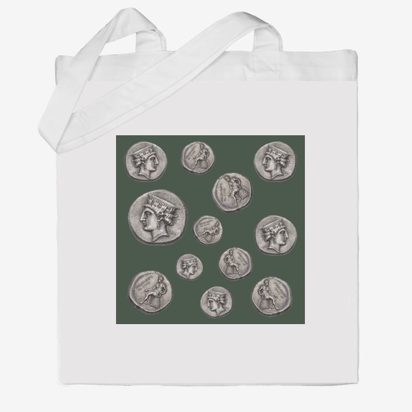 Сумка хб &laquo;Полина Рахманова, монеты, голова Афродиты и обнаженный Аполлон (оливковый)&raquo;