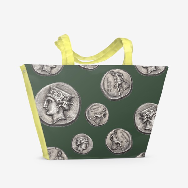 Пляжная сумка &laquo;Полина Рахманова, монеты, голова Афродиты и обнаженный Аполлон (оливковый)&raquo;