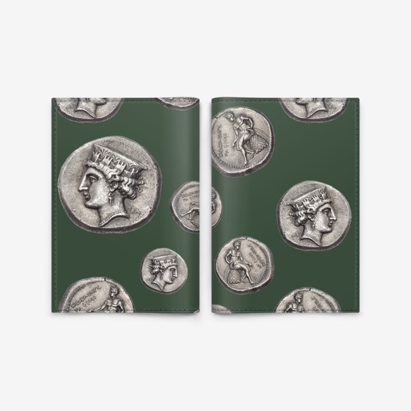 Обложка для паспорта «Полина Рахманова, монеты, голова Афродиты и обнаженный Аполлон (оливковый)»