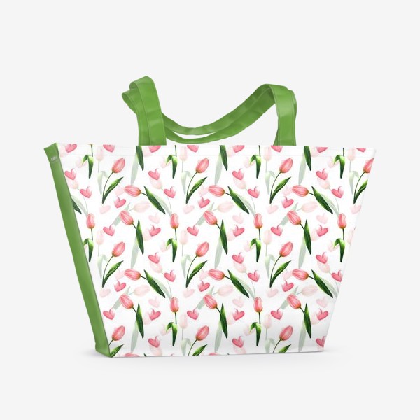 Пляжная сумка «Тюльпаны и сердечки на белом - паттерн»