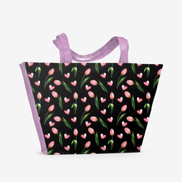 Пляжная сумка «Тюльпаны и сердечки на черном - паттерн»