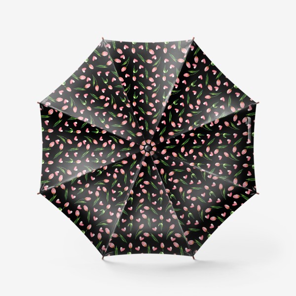 Зонт «Тюльпаны и сердечки на черном - паттерн»