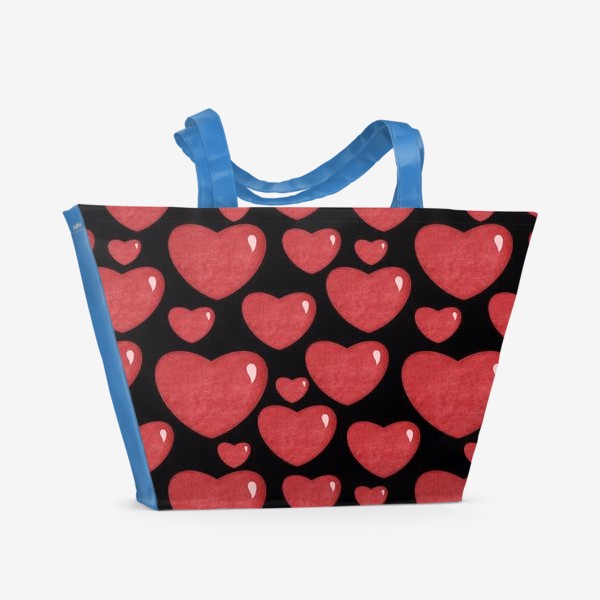 Пляжная сумка «Объемные блестящие сердца на черном фоне Принт с сердцами Сердечки »