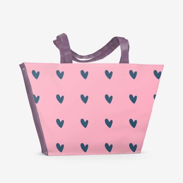 Пляжная сумка «Синие сердечки на розовом фоне»