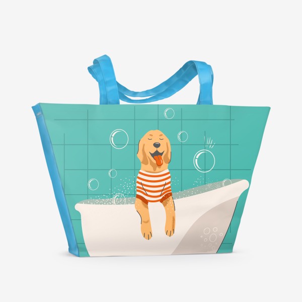 Пляжная сумка «Милый пес золотистый ретривер в ванной, собака и пузыри.»
