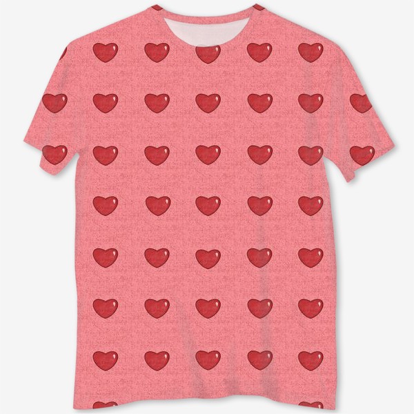 Футболка с полной запечаткой «Мелкие  обьемные сердца на розовом фоне Сердечки принт с сердцами и сердечками»