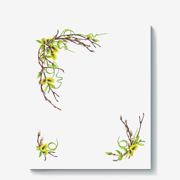 Холст «Ветки ивы и молодая зелень Пасхальная верба Весенняя цветочная композиция»