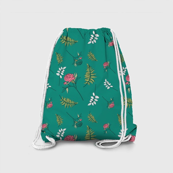 Рюкзак «Весенние цветы, розовый пион, зеленый паттерн.»