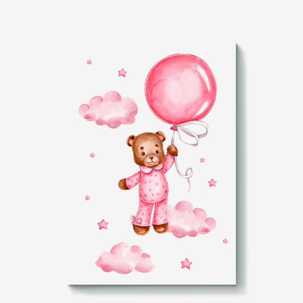 Холст «Мишка летит на розовом воздушном шаре»