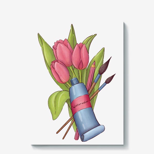 Холст «Акварель и тюльпаны. Весна художника»