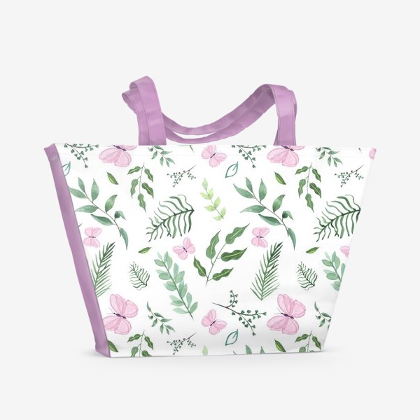 Пляжная сумка «Розовая бабочка на поляне. Бабочки и зелень»