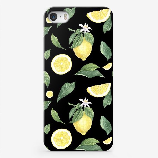 Чехол iPhone «Лимоны на черном. Цветок и лимон»