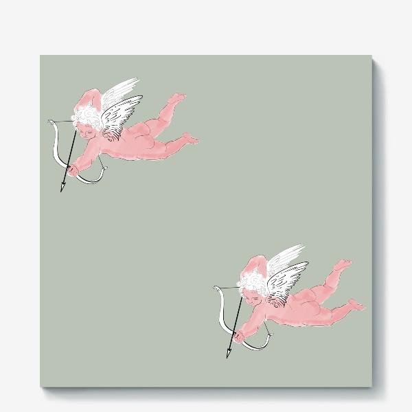 Холст &laquo;Розовый Ангел милый купидон на оливковом  фоне&raquo;