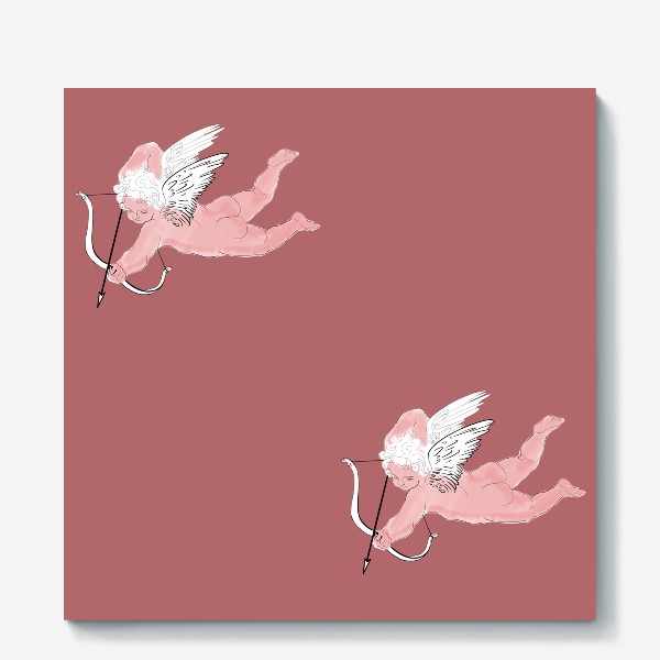 Холст «Розовый Ангел милый купидон на красном  фоне»