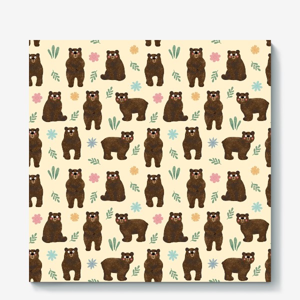 Холст «Медведи в лесу Мишки и цветы Принт с медведями или мишками медвежонок и медвежата»