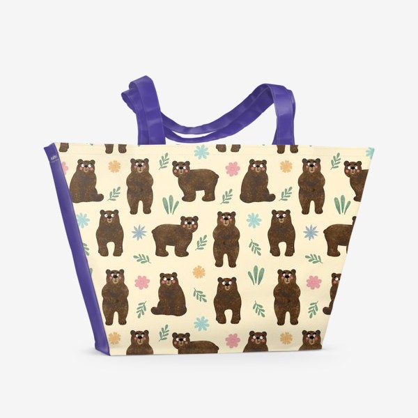Пляжная сумка «Медведи в лесу Мишки и цветы Принт с медведями или мишками медвежонок и медвежата»