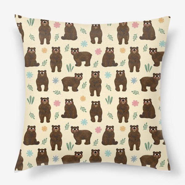 Подушка «Медведи в лесу Мишки и цветы Принт с медведями или мишками медвежонок и медвежата»