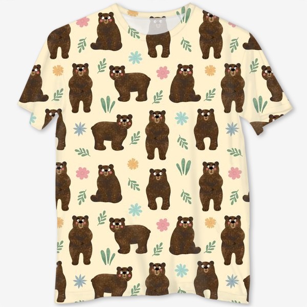 Футболка с полной запечаткой «Медведи в лесу Мишки и цветы Принт с медведями или мишками медвежонок и медвежата»