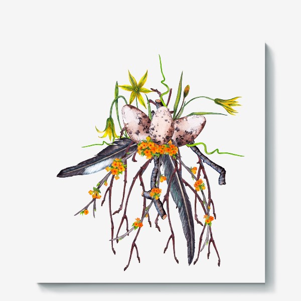 Холст «Лесная цветочная композиция с яйцами и перьями ласточки Весенние первоцветы»